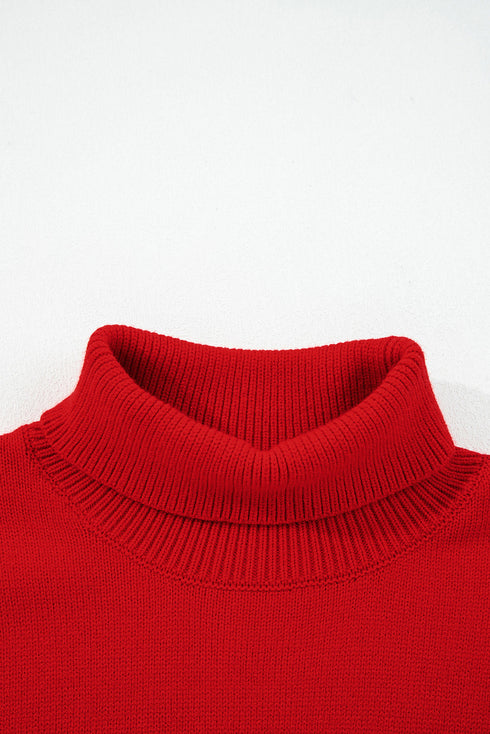 Turtleneck Merry Letter Snowflake Intarsia Rib Trim Knit Sweater