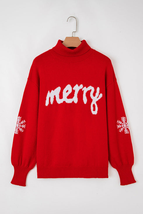Turtleneck Merry Letter Snowflake Intarsia Rib Trim Knit Sweater