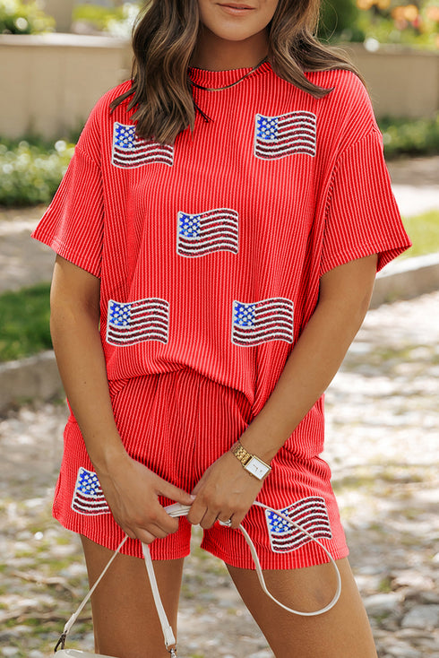 Twist Front American Flag Sequin Ribbed Crop and Shorts Set