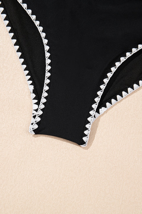 Twist Front Cutout Detail Geometric Trim One Piece Swimsuit