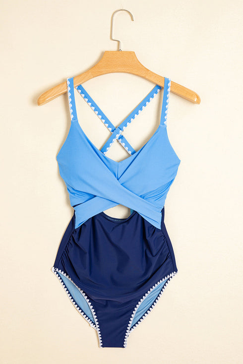 Twist Front Cutout Detail Geometric Trim One Piece Swimsuit