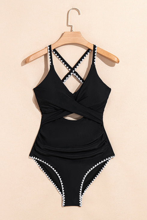 Twist Front Cutout Detail Geometric Trim One Piece Swimsuit