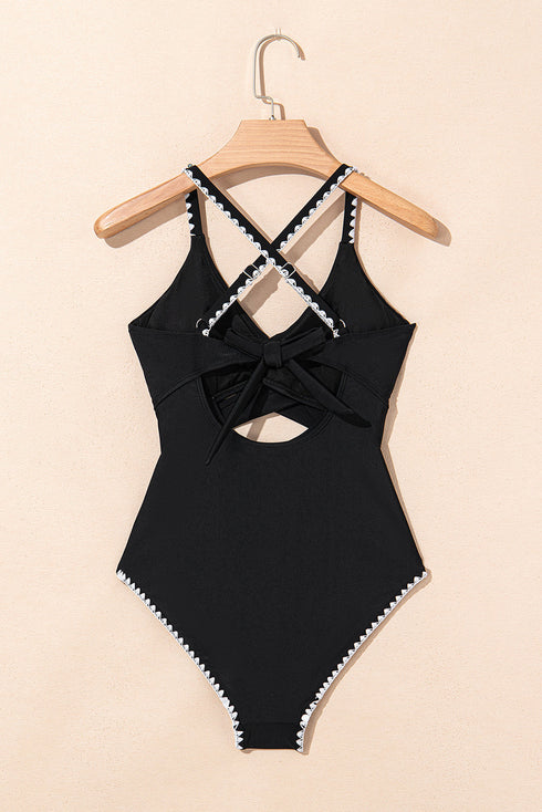 Twist Front Cutout Detail Geometric Trim One Piece Swimsuit