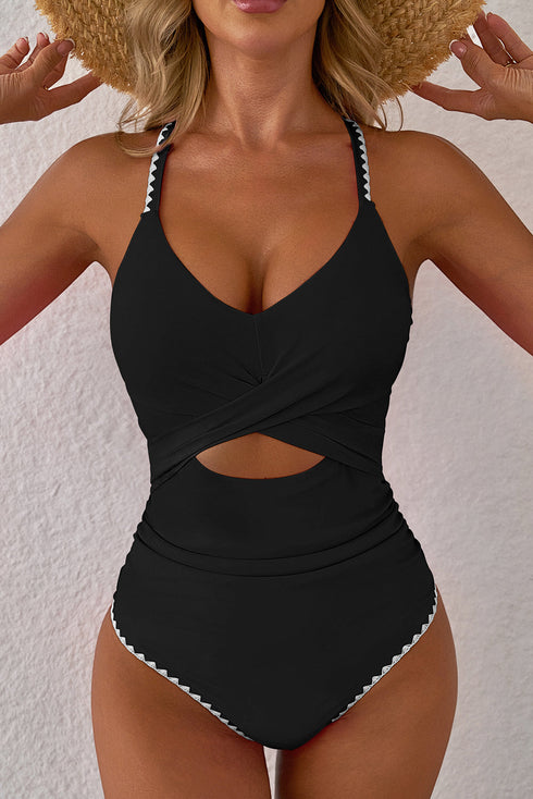 Twist Front Cutout Detail Geometric Trim One Piece Swimsuit