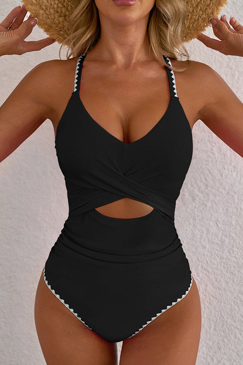 Twist Front Cutout Detail Geometric Trim One Piece Swimsuit