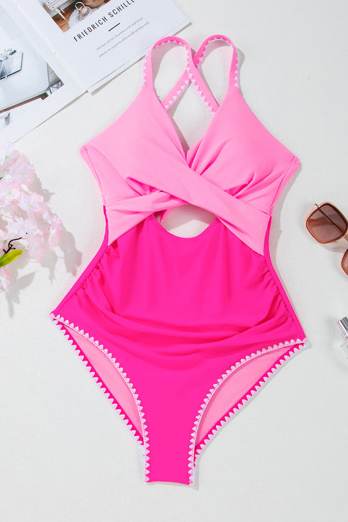 Twist Front Cutout Detail Geometric Trim One Piece Swimsuit