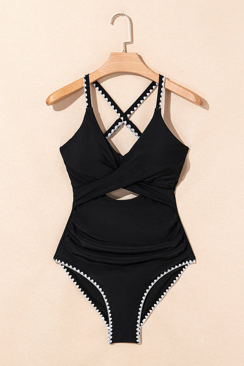 Twist Front Cutout Detail Geometric Trim One Piece Swimsuit