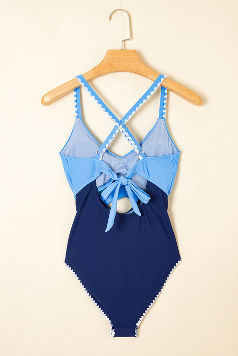 Twist Front Cutout Detail Geometric Trim One Piece Swimsuit