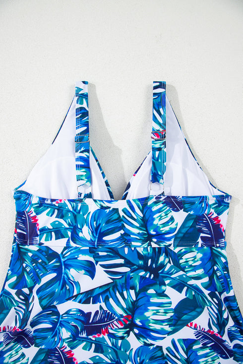 Twist Front Empire Waist Tropical Print Tankini Top