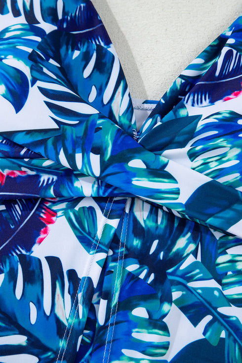 Twist Front Empire Waist Tropical Print Tankini Top