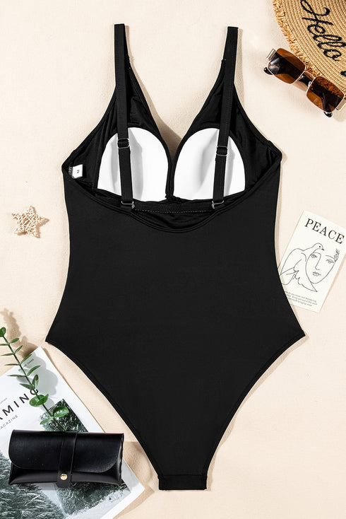 Twist Front Ruched V Neck One Piece Swimsuit