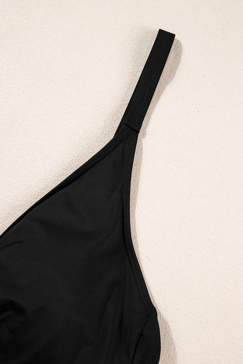 Twist Front Ruched V Neck One Piece Swimsuit
