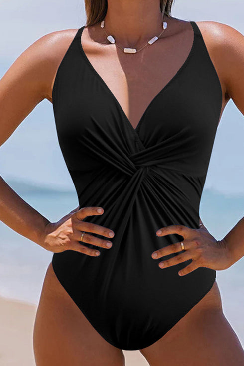 Twist Front Ruched V Neck One Piece Swimsuit