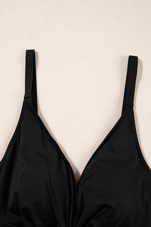 Twist Front Ruched V Neck One Piece Swimsuit