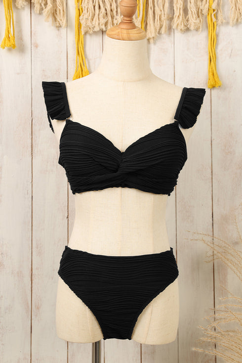 Twist Front Ruffle Strap Textured Bikini Set