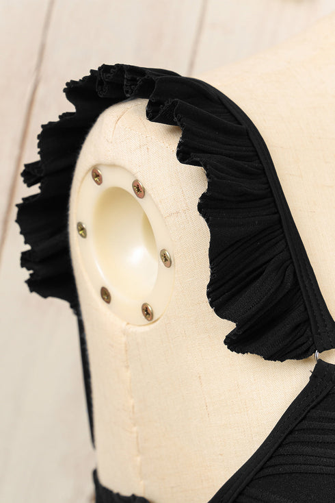 Twist Front Ruffle Strap Textured Bikini Set