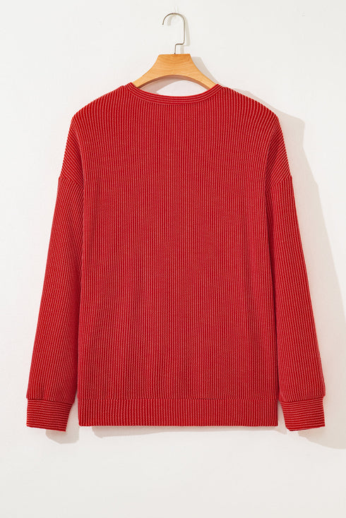 Twist Ribbed Merry Letter Graphic Corded Long Sleeve Top