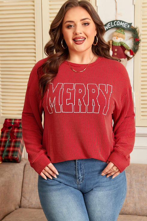 Twist Ribbed Merry Letter Graphic Corded Long Sleeve Top