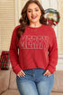 Twist Ribbed Merry Letter Graphic Corded Long Sleeve Top