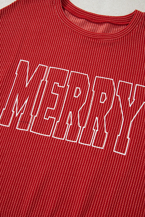 Twist Ribbed Merry Letter Graphic Corded Long Sleeve Top