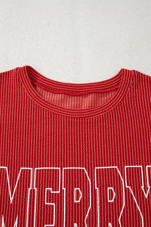 Twist Ribbed Merry Letter Graphic Corded Long Sleeve Top