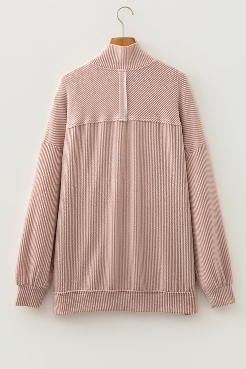 Twist Ribbed Zip Collar Drop Shoulder Long Sleeve Top