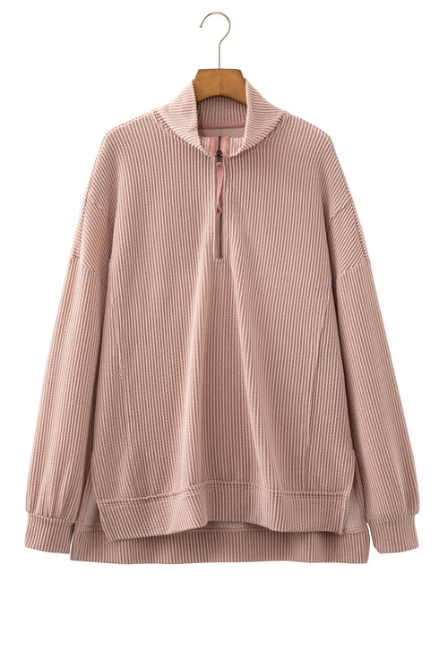 Twist Ribbed Zip Collar Drop Shoulder Long Sleeve Top