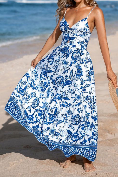 Twisted Bust Backless Floral Spaghetti Strap Maxi Dress