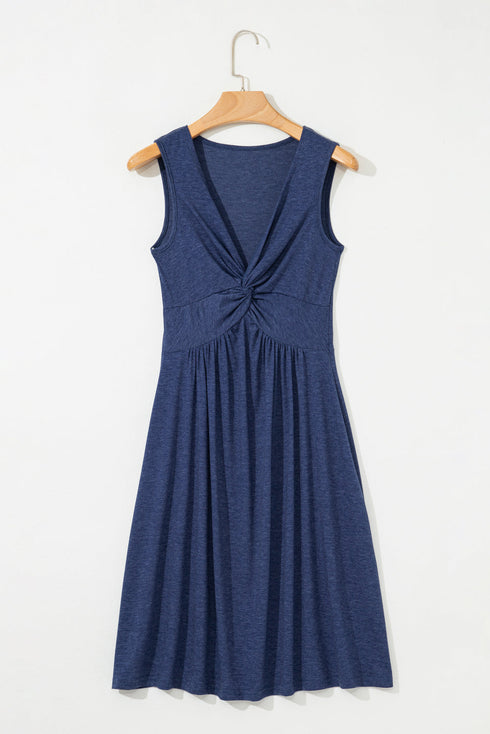 Twisted Bust V Neck Sleeveless A Line Mini Dress