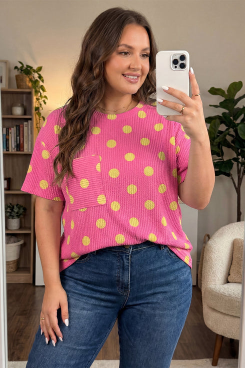 Twisted Corded Rib Polka Dot Print T Shirt