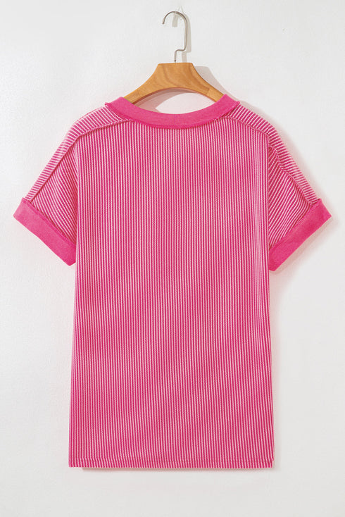 Twisted Front V Neck Ribbed Knit Short Sleeve Tee