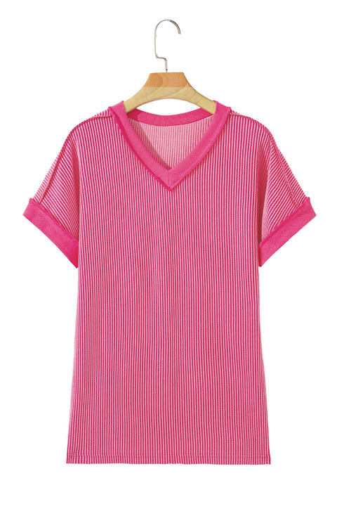 Twisted Front V Neck Ribbed Knit Short Sleeve Tee