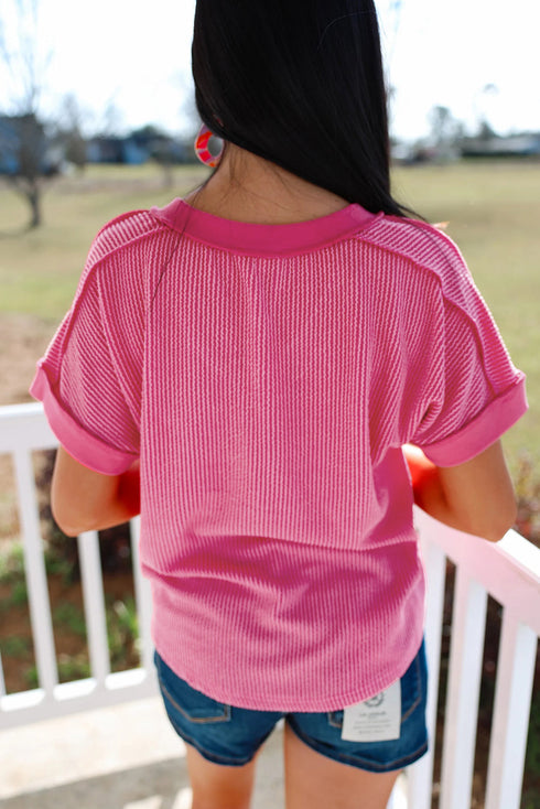 Twisted Front V Neck Ribbed Knit Short Sleeve Tee