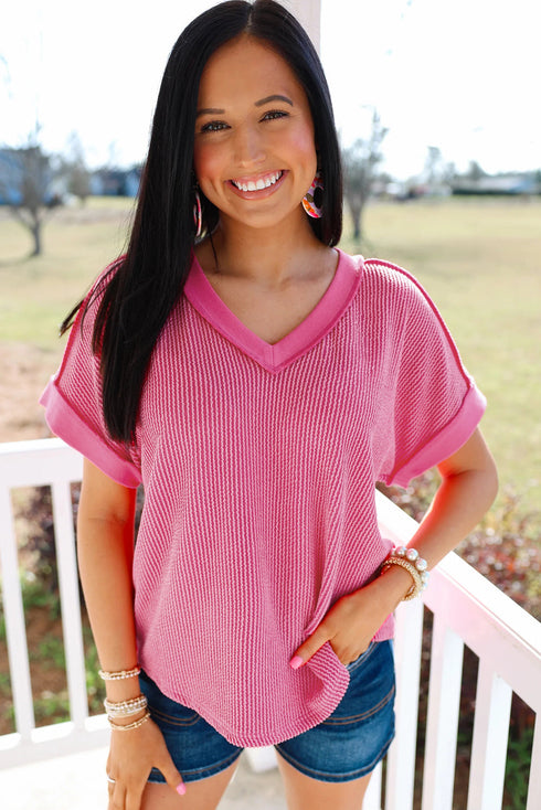 Twisted Front V Neck Ribbed Knit Short Sleeve Tee