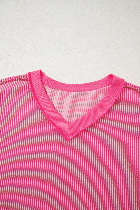 Twisted Front V Neck Ribbed Knit Short Sleeve Tee