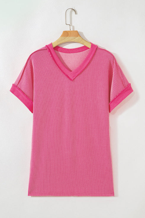 Twisted Front V Neck Ribbed Knit Short Sleeve Tee