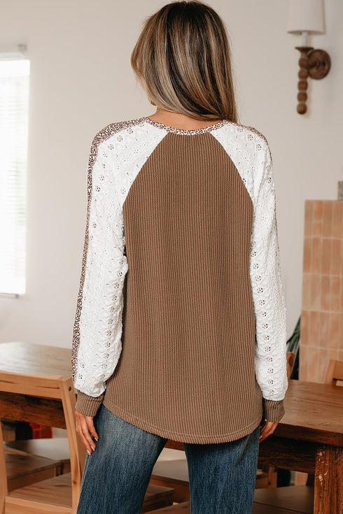 Twisted Neck Ribbed Leopard Print Lace Patchwork Top