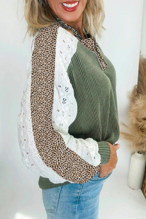 Twisted Neck Ribbed Leopard Print Lace Patchwork Top