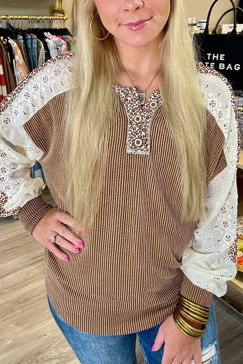 Twisted Neck Ribbed Leopard Print Lace Patchwork Top