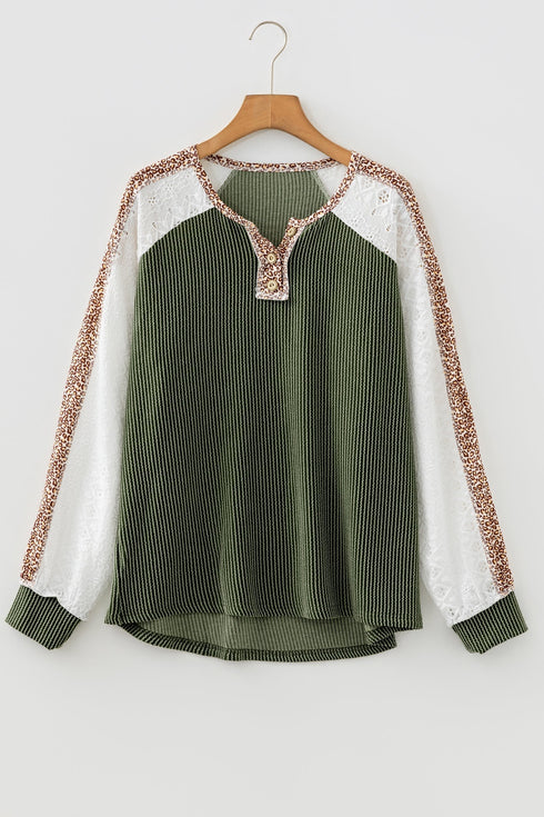 Twisted Neck Ribbed Leopard Print Lace Patchwork Top