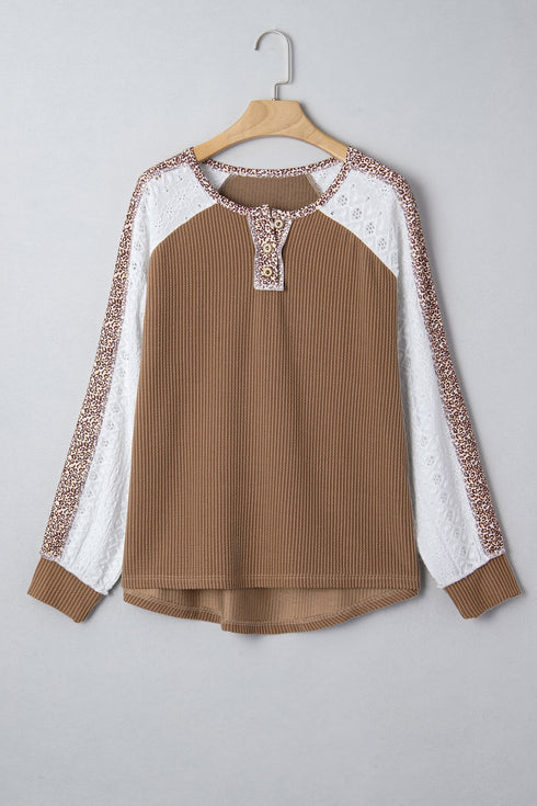 Twisted Neck Ribbed Leopard Print Lace Patchwork Top