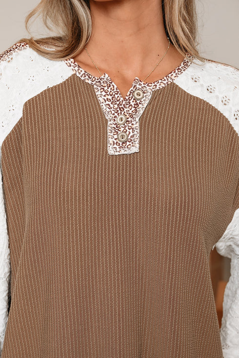 Twisted Neck Ribbed Leopard Print Lace Patchwork Top