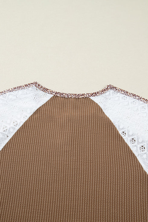 Twisted Neck Ribbed Leopard Print Lace Patchwork Top