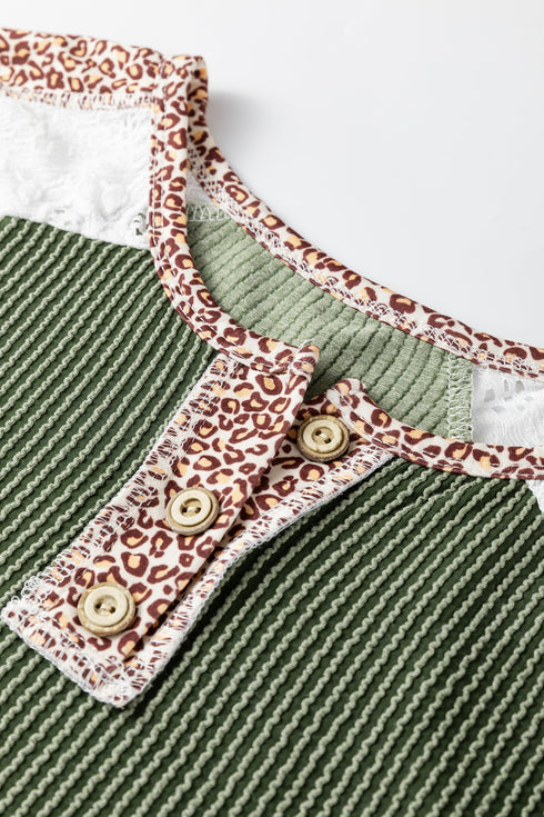 Twisted Neck Ribbed Leopard Print Lace Patchwork Top