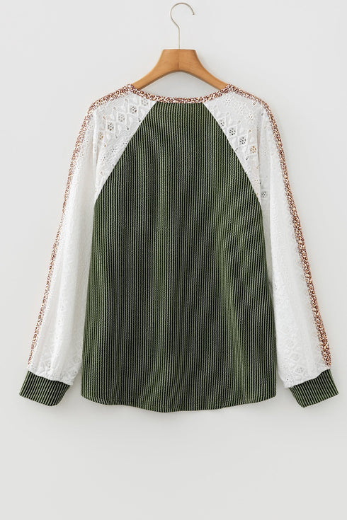 Twisted Neck Ribbed Leopard Print Lace Patchwork Top