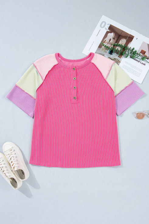 Twisted Rib Corded Patchwork Short Sleeve Henley Top