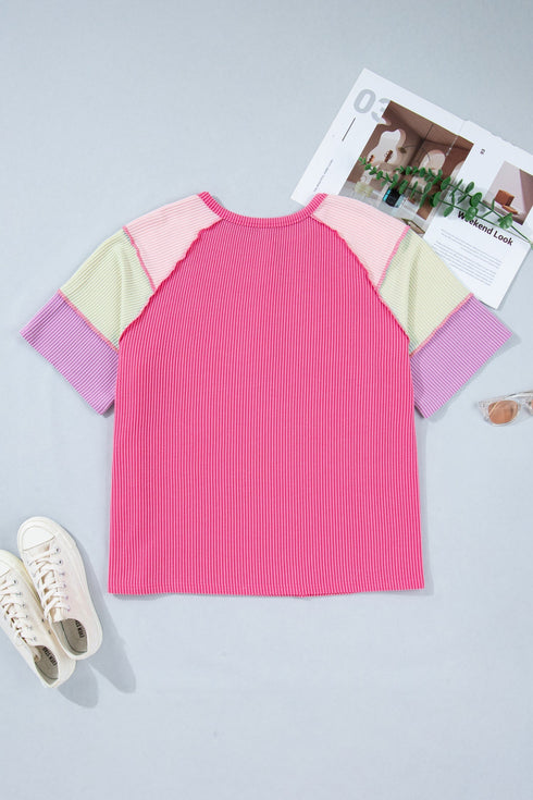 Twisted Rib Corded Patchwork Short Sleeve Henley Top