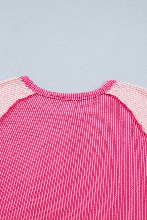 Twisted Rib Corded Patchwork Short Sleeve Henley Top