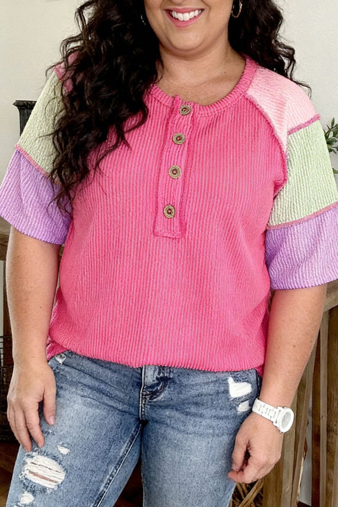 Twisted Rib Corded Patchwork Short Sleeve Henley Top