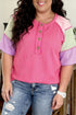 Twisted Rib Corded Patchwork Short Sleeve Henley Top